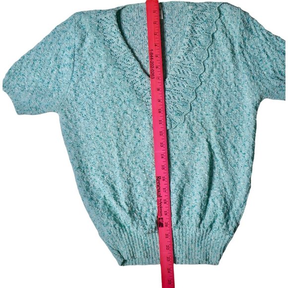 Vintage 1970s Centennial Knits LTD USA Made Blue Smocked V-Neck Short Sleeve Top - Picture 6 of 10